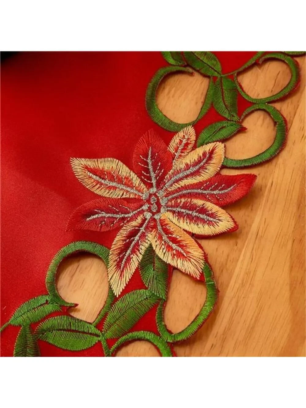 Christmas embroidered table runner red poinsettia green leaves holiday decor 69